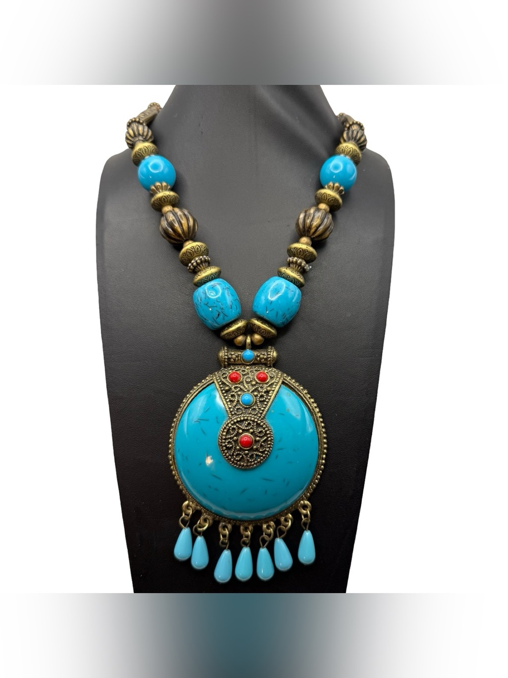Vintage Boho Faux Turquoise Statement Pendant Necklace Chunky Ethnic Tribal